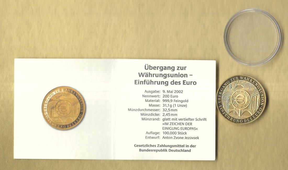  BRD 200 Euro Gold 2002J 1 Unze Feingold mit Zert. Golden Gate Münzenankauf Koblenz Frank Maurer j786   