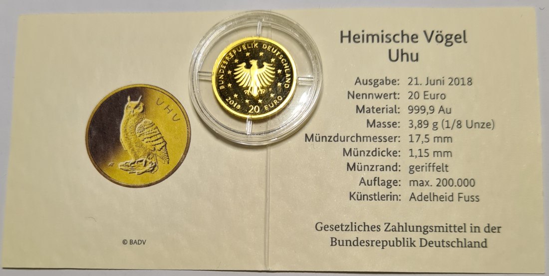  BRD Gold: 20 Euro Heimische Vögel - 2018 F Uhu st - selten angeboten !   