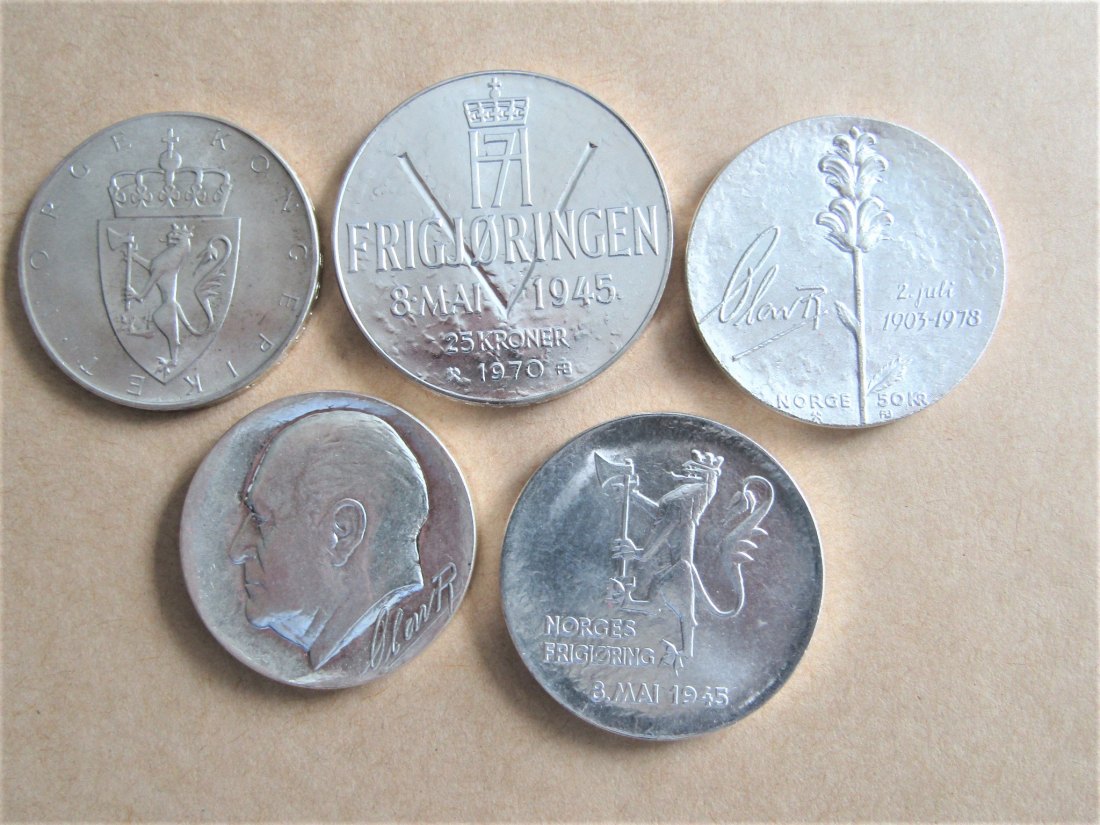  Norwegen: Olav V., 5 x Gedenkmünzen in Silber, siehe unten!   